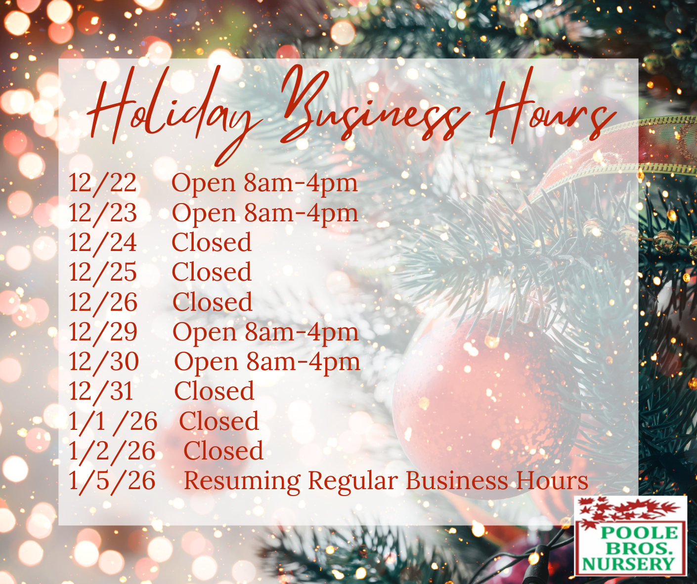 Holiday Business Hours